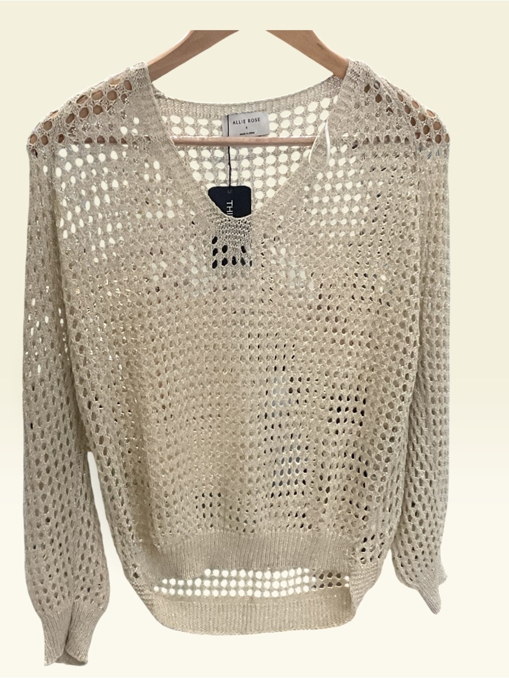 Allie Rose Open-Knit V-Neck Sweater in Cream